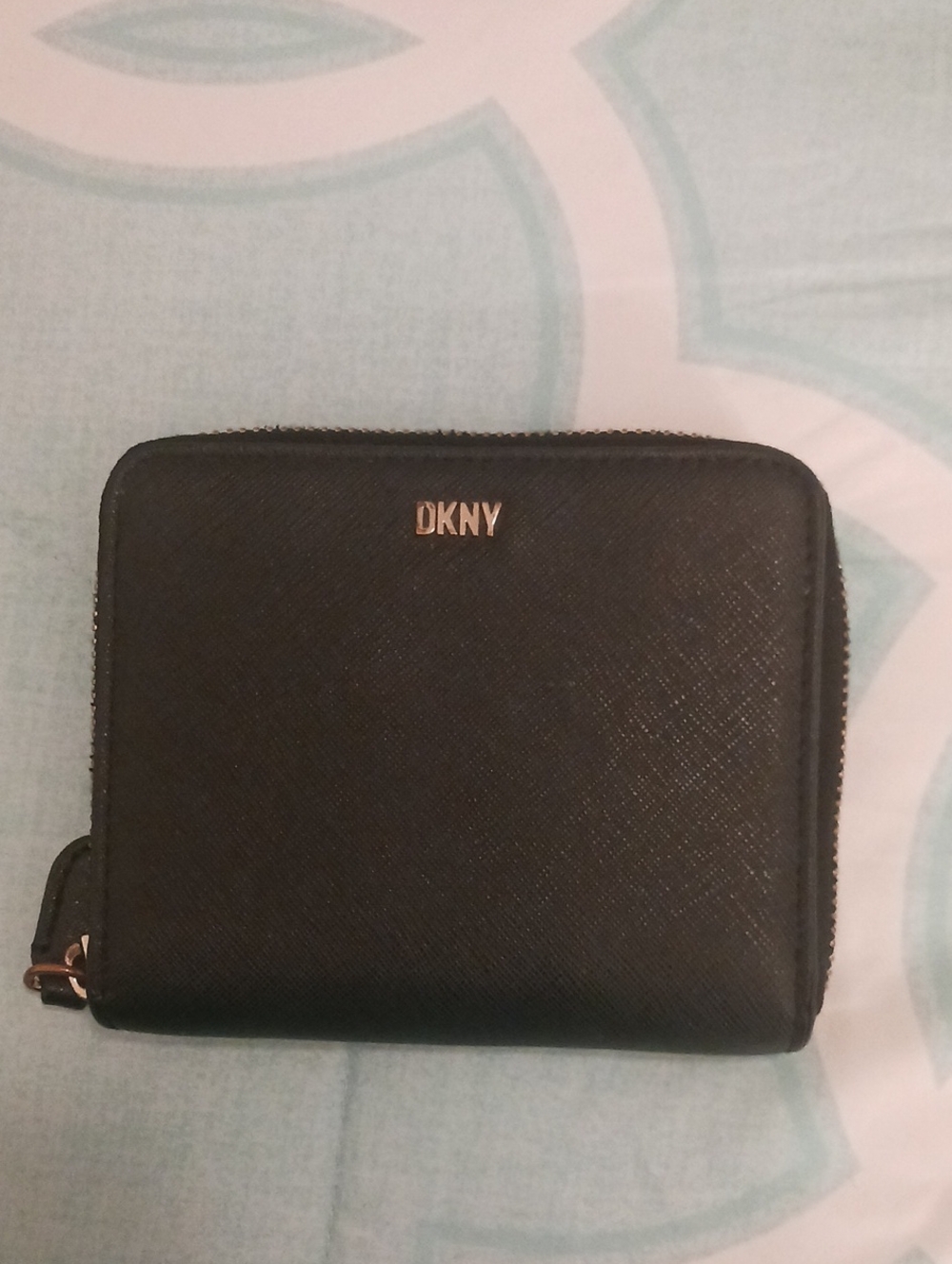 DKNY Black Zip-Around Saffiano Wallet with Gold Logo